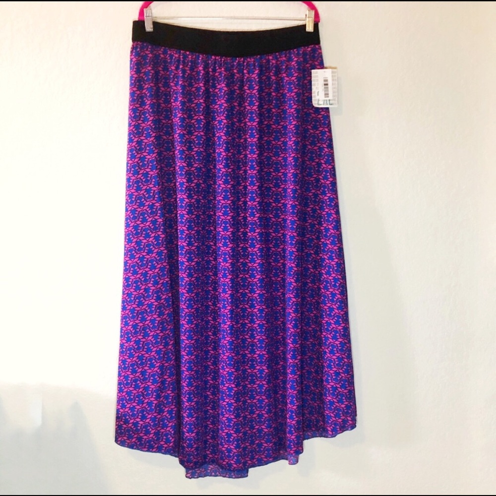 LuLaRoe Maxi Skirt Lucy Pink & Blue Pattern w/ Black Elastic Waist Sz 2X BNWT